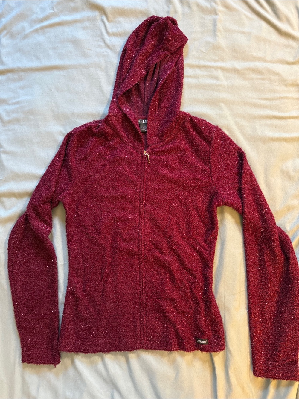 Guess Burgundy Teddy Zip-Up Hooded Jacket